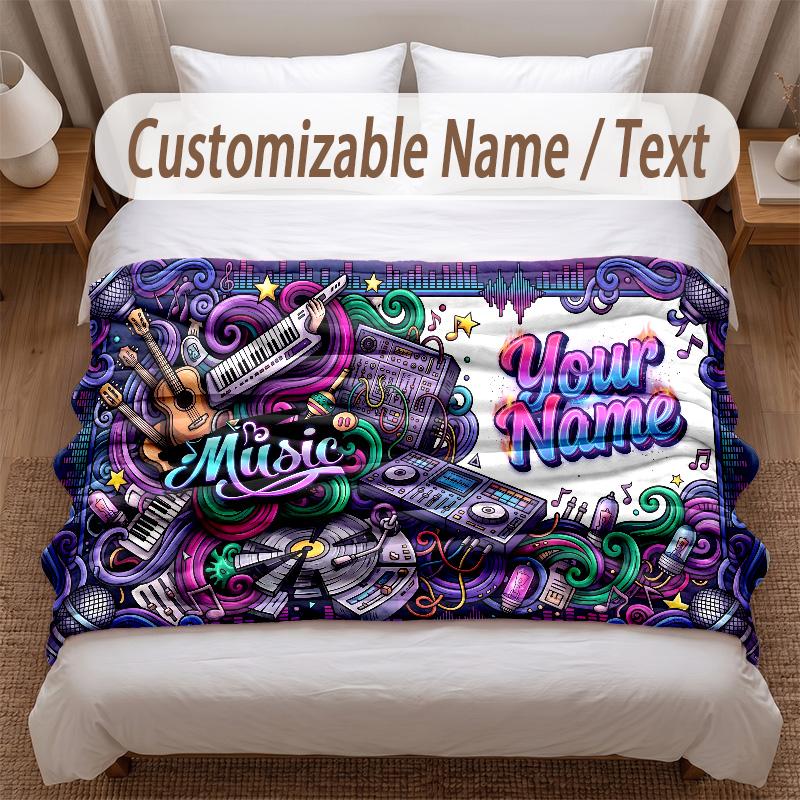 Music General Theme Soft Blanket Personalized Custom Name Text Print Warm Blanket Home Sofa Bedroom Decor