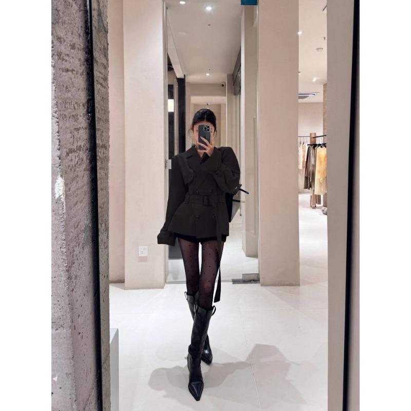 Damen Khaki Trenchcoat Kurz Zweireihig Gürtel Windjacke