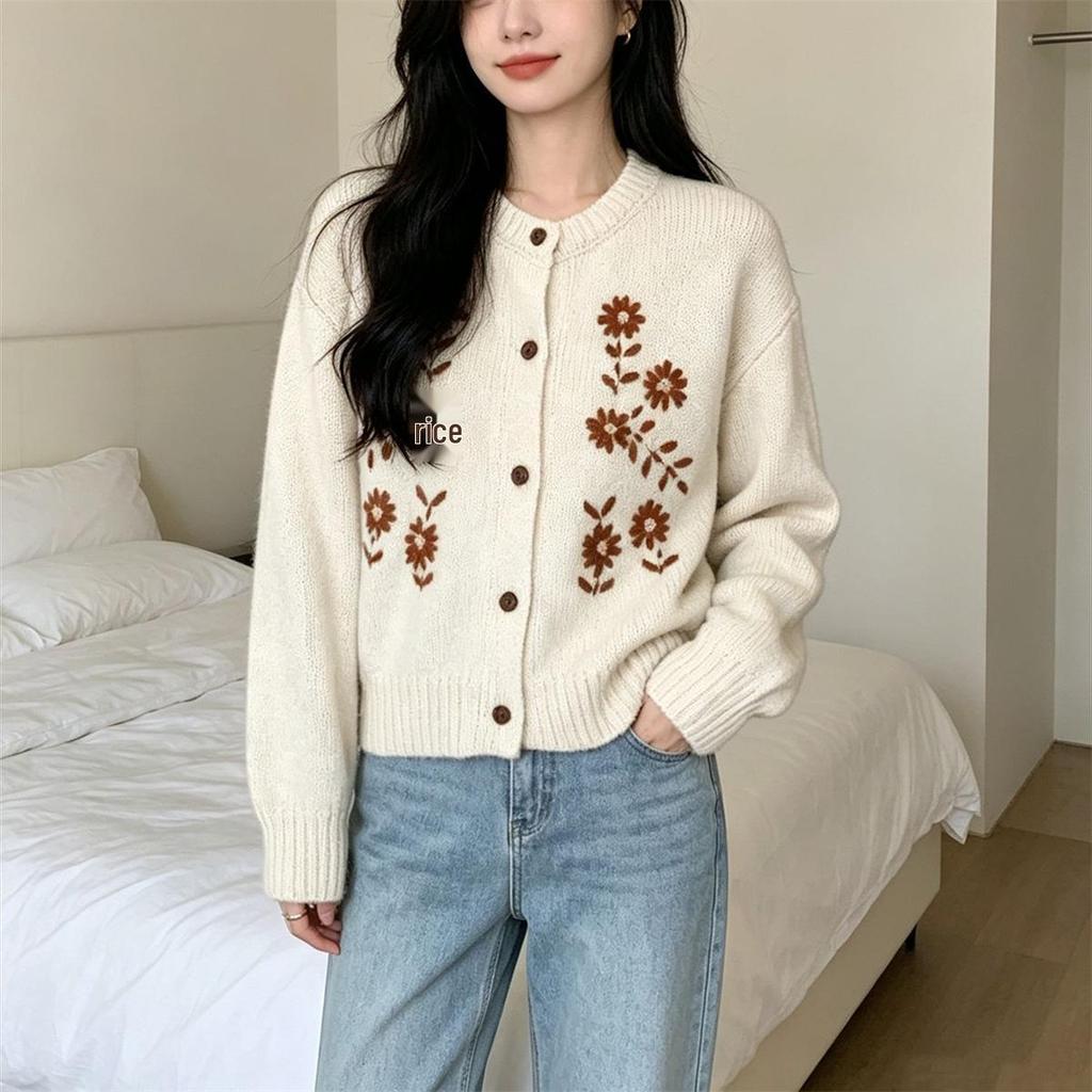Retro- Strickjacke mit Stickerei im koreanischen Stil für Damen - Gemütlich, Weich und Stilvoll für Herbst/Winter 2026