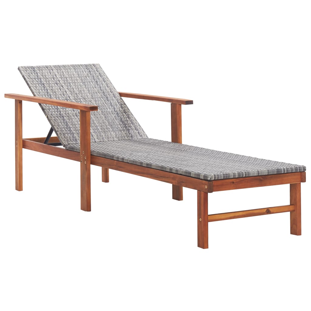 Sun Lounger in Poly Rattan and Solid Acacia Wood Grey