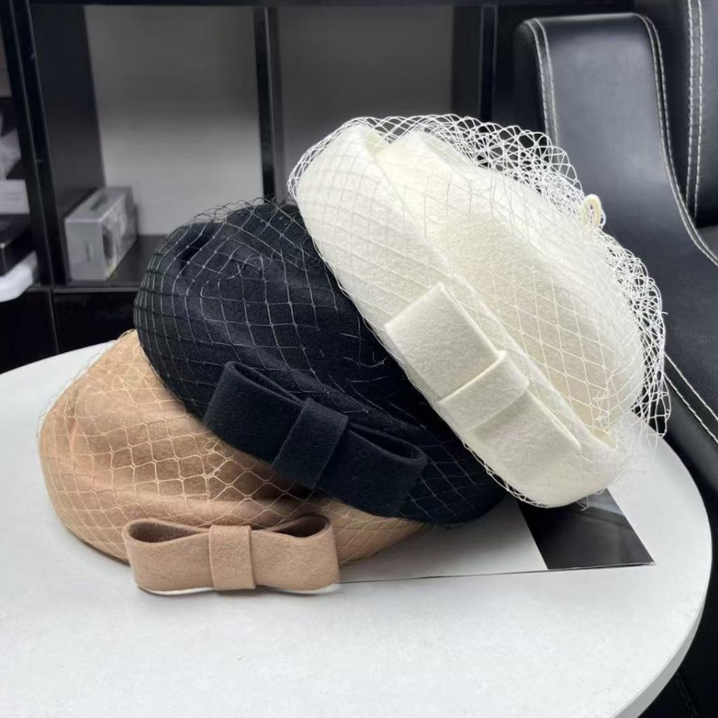 Australian Hair Light Luxury French Celebrity Style White Mesh Bow Top Hat Women's Autumn and Winter Elegant and Sweet Temperament Beret