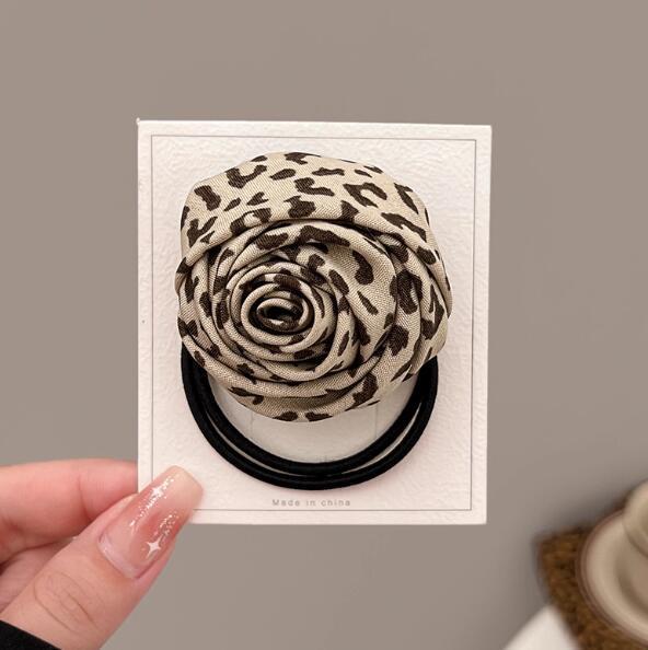 Temperament Leopard print Rose flower hair band Women's low ponytail hair rope Rubber band headdress