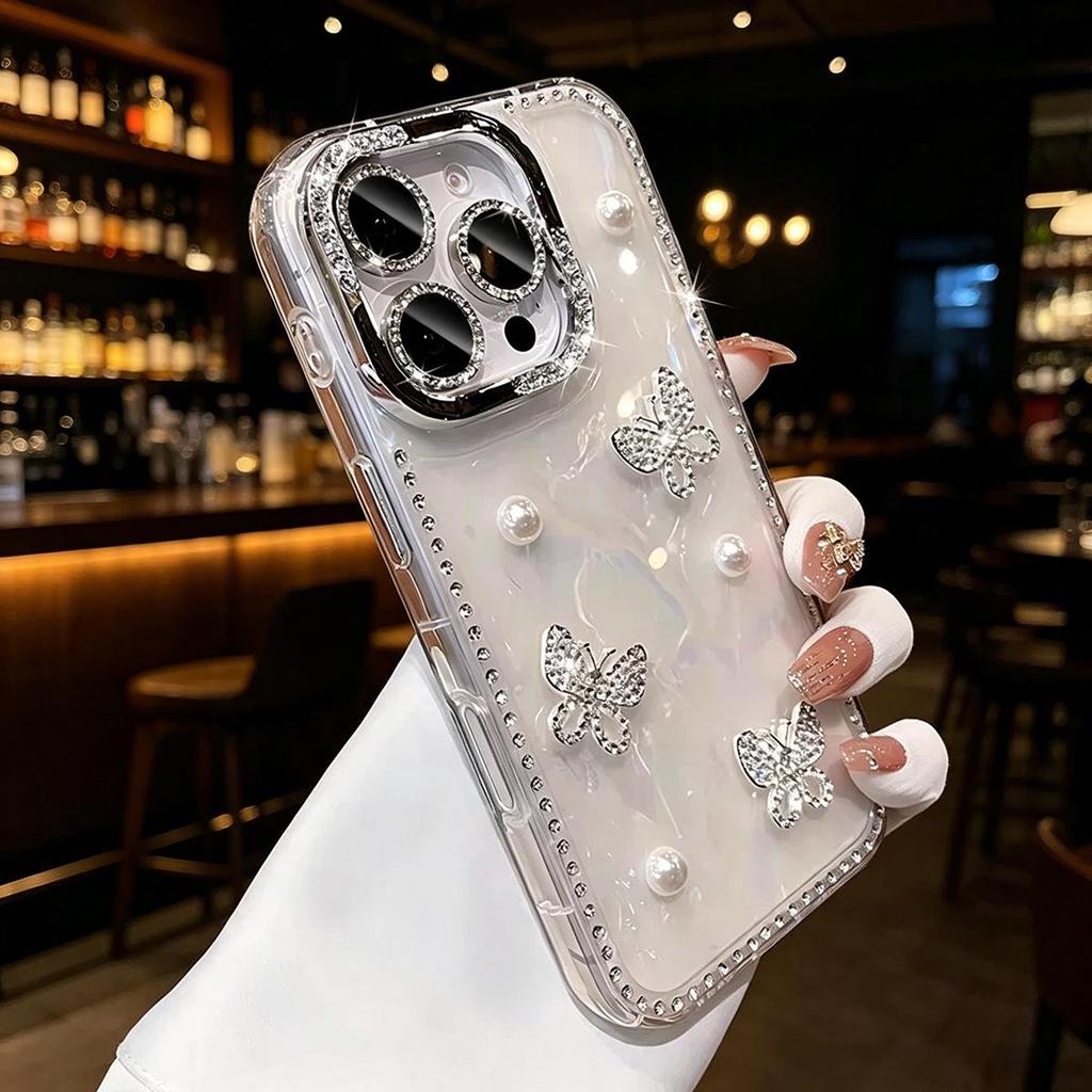 iPhone 17 Pro Diamond Shell Case with 3D Pearl Butterfly for Apple 15 Pro Max Super Fairy