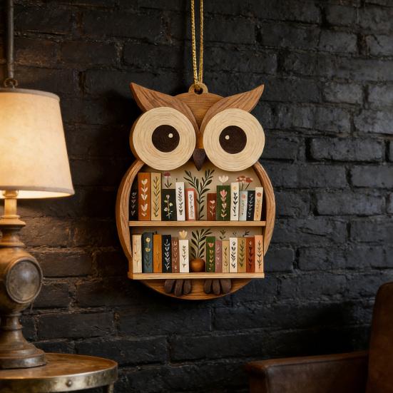 Wooden Bookshelf Ornament Animal Shaped Bookshelf Christmas Ornament Owl/Highland Cow/Elephant Figurine Bookish Gifts for Book Lovers Readers