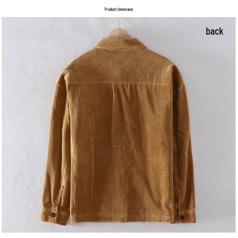 Men's Spring Cotton Corduroy Jacket with Double Pockets, Stripes & Velvet, Loose Fit, Drop Shoulder, Long Sleeve, Japanese Style.
