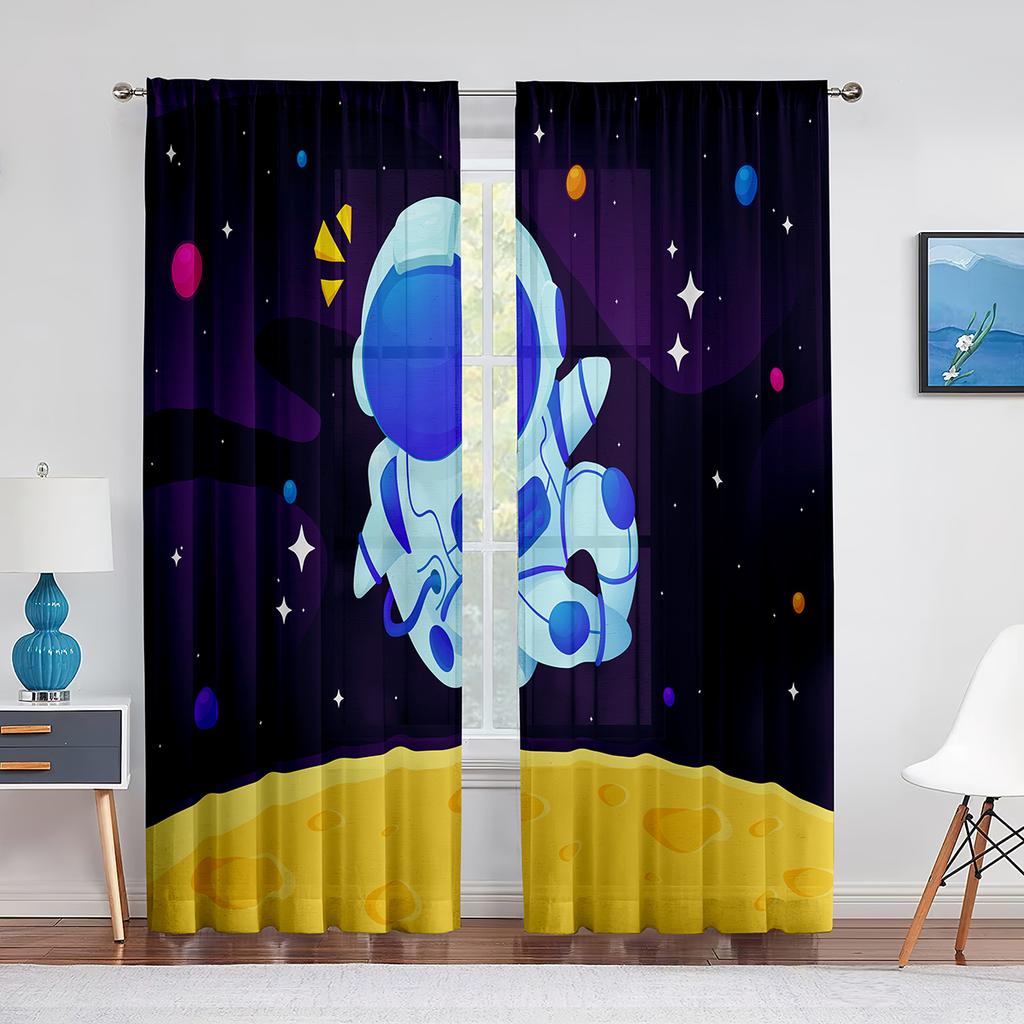 Cartoon Outer Space Astronaut Planet Sheer Voile Curtains for Living Room Bedroom Kitchen Decor Chiffon Tulle Window Curtains