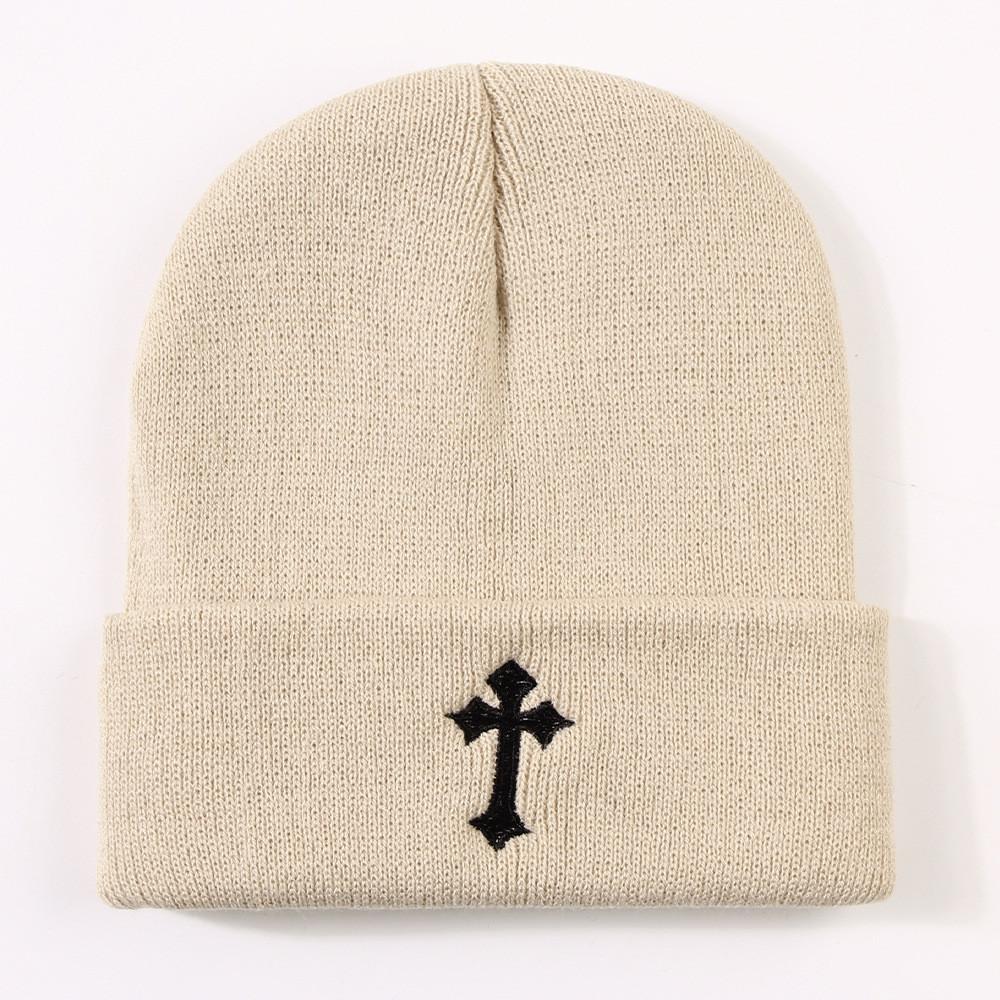 Fashionable Cross Embroidery Knitted Hat Warm Street Style Student Couple Ear Protection Beanie