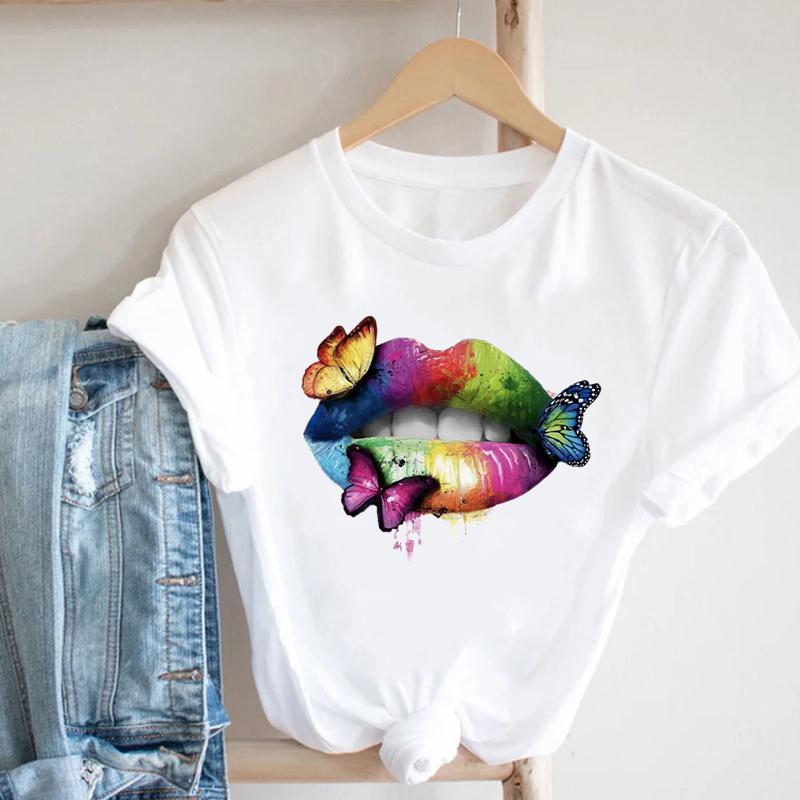 Women Tee Top Summer Fashion Print T-shirt O-neck Leopard Trend Lip Lady Female Clothing Casual Short Sleeve Graphic T-shirt