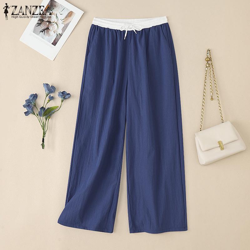 ZANZEA Damen Casual Elastischer Bund Kordelzug Lockere Hose