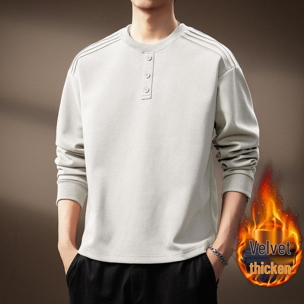 Luxury 300g Heavyweight Men's Henley Collar Pleated Hoodie - Autumn American Trend T-Shirt with Long Sleeves