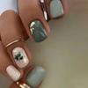 24pcs Square Fake Nails With Fresh Elegant Dark Green Leaf Gold Foil Morandi Style Design Press On Nails Nail Art Supplies