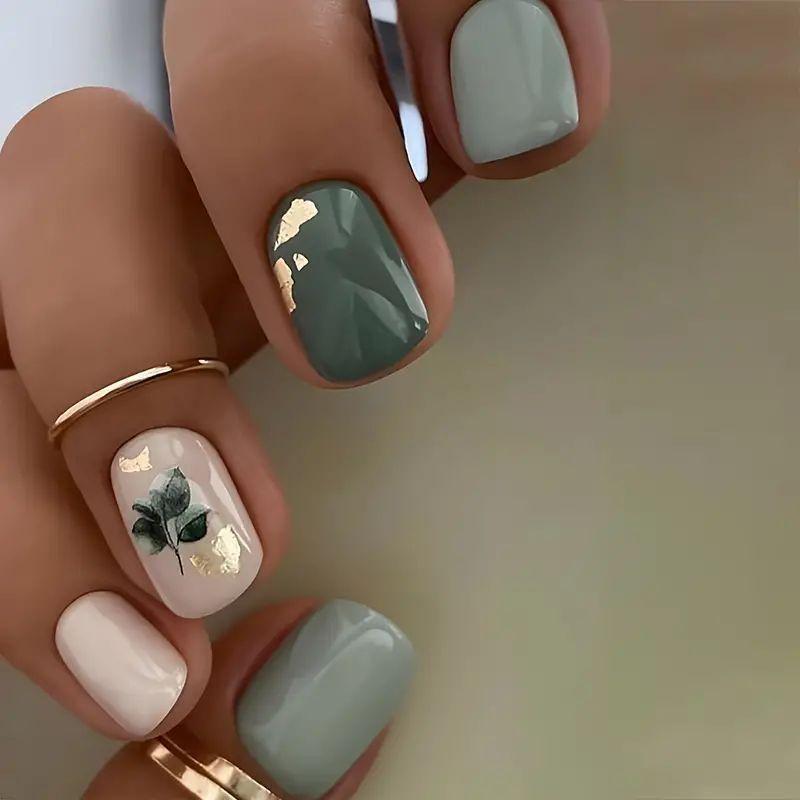 24pcs Square Fake Nails With Fresh Elegant Dark Green Leaf Gold Foil Morandi Style Design Press On Nails Nail Art Supplies