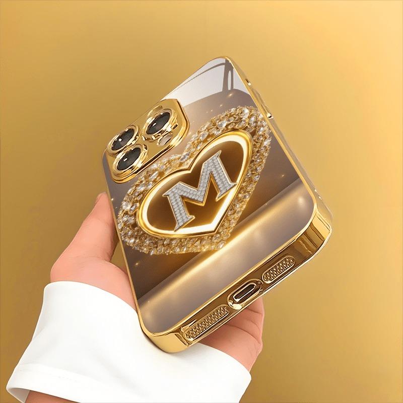 Sparkling Heart Letter M Pattern Metallic Paint Glass Phone Case For iPhone 17 16 15 14 13 12 11 Pro Max Plus 17 Air 16E Cover
