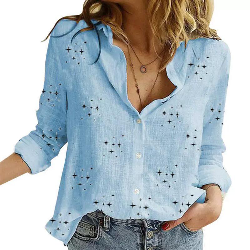 

1pc Cotton Linen Casual Solid Button Plus Size Lapel Blouses Shirts Stars Printed Long Sleeve Elegant Loose Tops Women Shirts XL синий