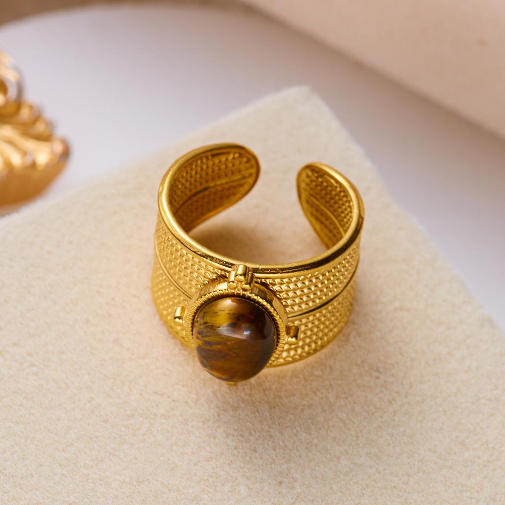 Retro Gold Color Irregular Metal Ring for Women Men Stainless Steel Natural Tiger Eye Opening Ring Aesthetic Dating Jewelry