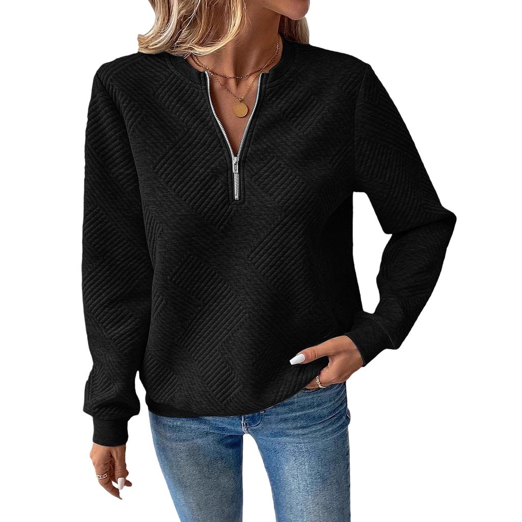 Damen Langarm V-Ausschnitt Reißverschluss Pullover Sweatshirt