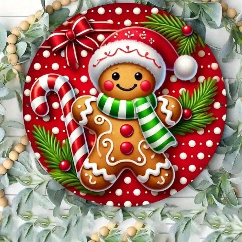 1pc Christmas Gingerbread Man Candy Cane Metal Wall Art, 7.8x7.8 Inch Farmhouse Hanging Decor for Indoor Outdoor Holiday
