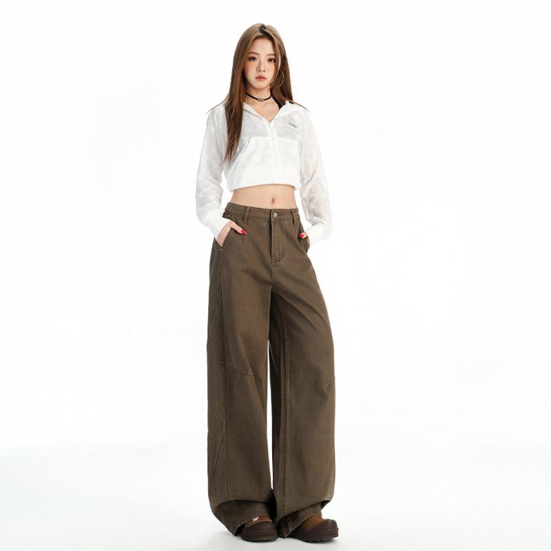Women's Winter Brown Coffee Wide-Leg Jeans: Relaxed, Floor-Length, Slimming Fit