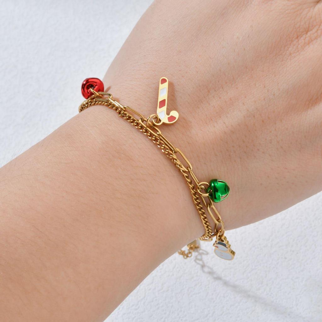 Double-layer Stainless Steel Bracelet with Christmas Charms: Snowman, Snowflake, Tree, Santa.