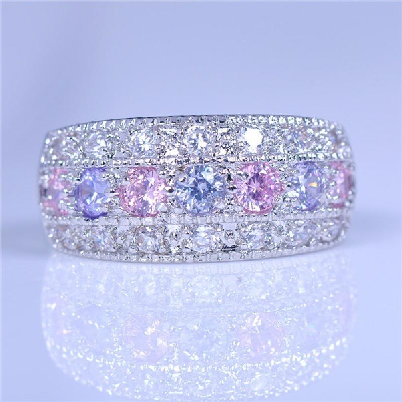 2026 Item European and American Inlaid Pink Zircon Ring 925 Silver Micro Inlaid Amethyst Ring 6 серебряный