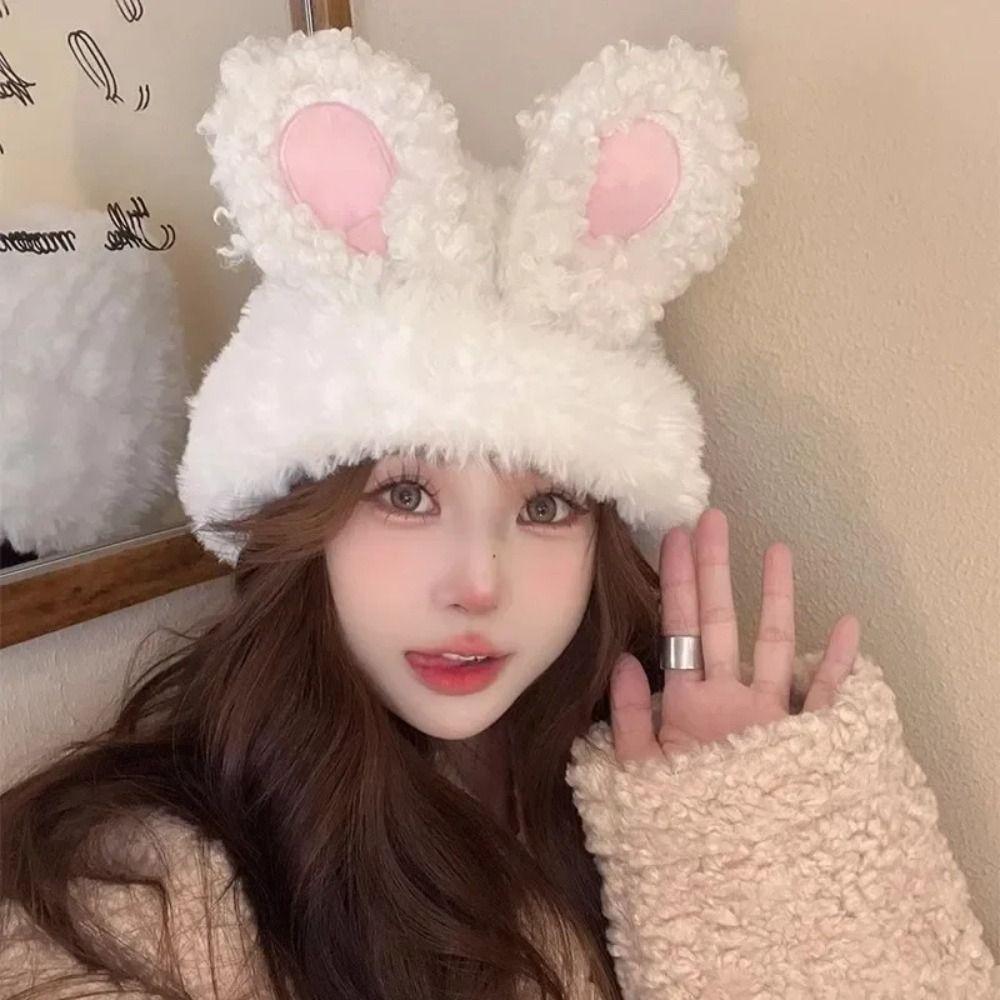 Fluffy Knitted Plush Hat Solid Color Winter Outdoor Warm Cap Rabbit Ear Beanies  Winter Season
