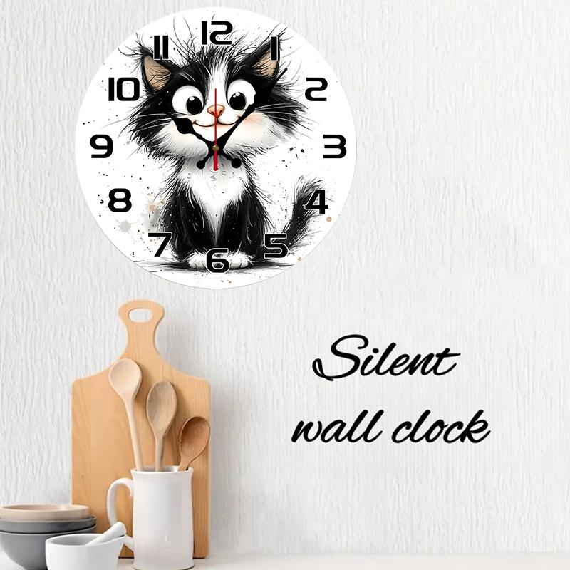 Adorable Kitten Wooden Round Silent Hanging Wall Clock, Suitable For Living Room, Office, Study Room, Bedroom, Home Decoration