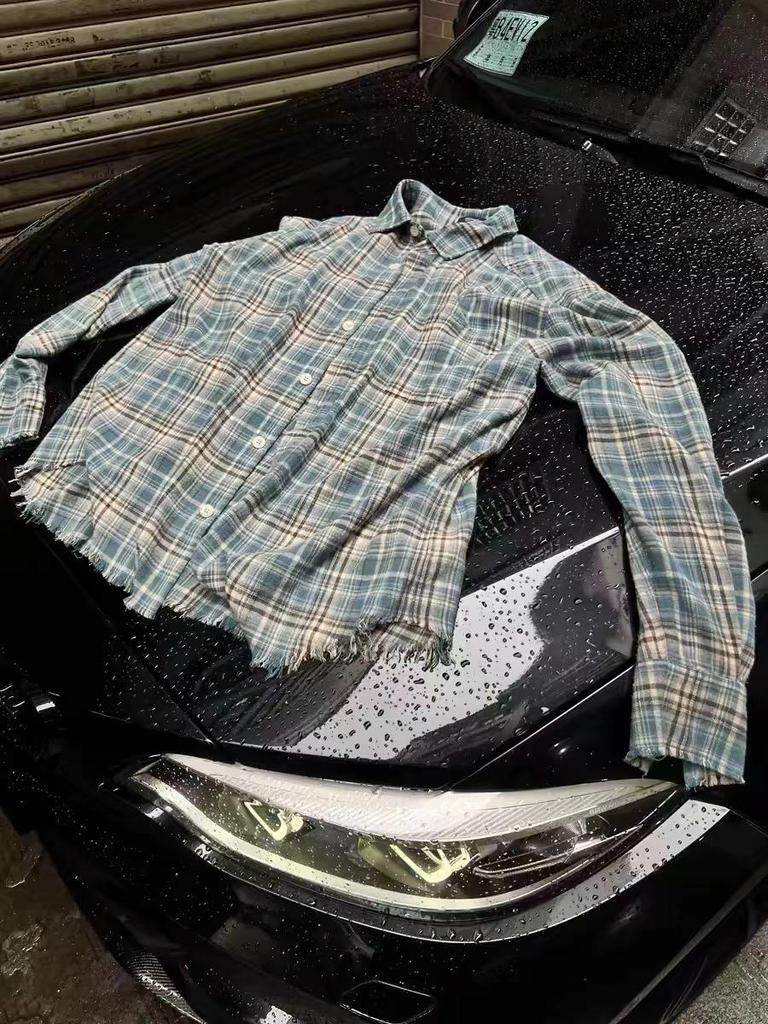 Retro Distressed Plaid Flannel Shirt with Tassels, Unisex Spring Loose Fit