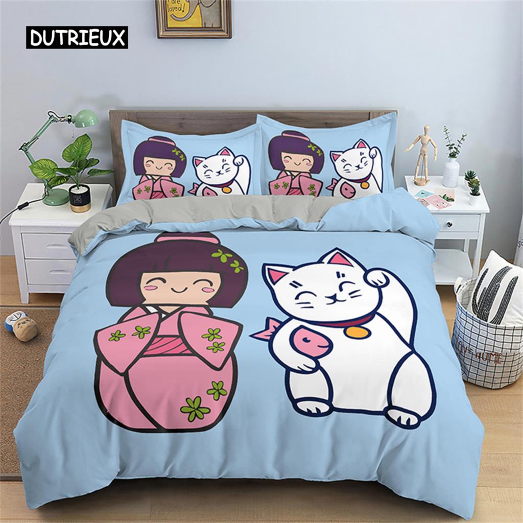 Duvet Cover Geisha Doll Lucky Cat Japanese Culture Theme Bedding Sets Quilt Cover for Bedroom Decoration for Children Women Girl