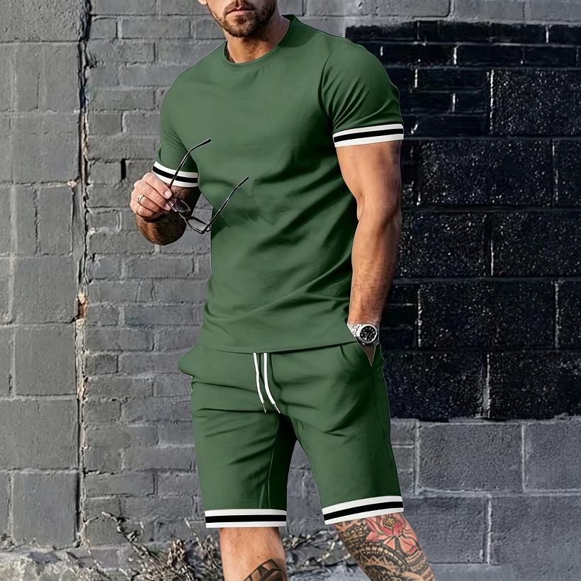 New Summer Men's Minimalist Striped Printed Comfortable and Breathable Round Neck T-shirt Shorts Set for Outdoor Casual Wear