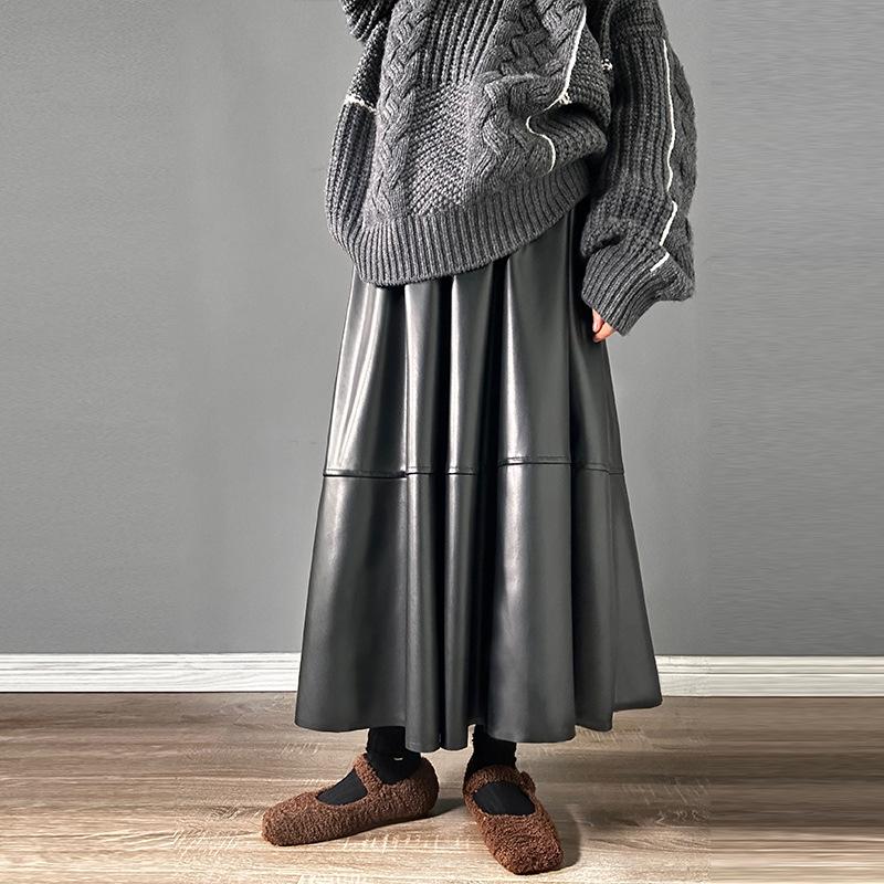 Women's Faux Leather Skirts Vintage High Wiast A Line Midi PU Leather Skirt for Women High Waisted Pleated Long A-line Swing Midi Skirt with Pockets