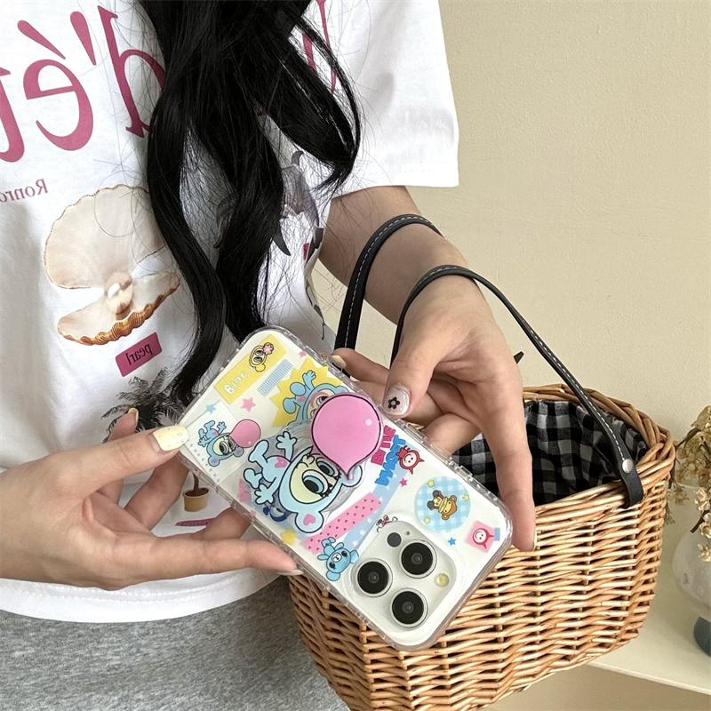 Kawaii Cartoon Stand Holder Phone Cover For iPhone 16 Pro 15 13 14 Pro Max 15pro Shockproof Cases Korean Cute Case 16Pro Funda