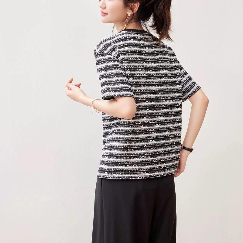 Temperment Jacquard Texture Women's Short Sleeved All Match T-shirt Summer Versatile Thin Round Neck Street Casual Tops