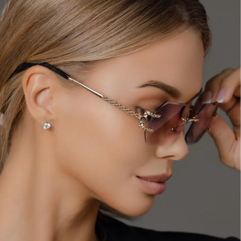 2pcs Fashion Women Rimless Polygon Sun Glasses Metal Frame Colorful  Cutting Lens Glasses Ladies Brand Designer Eyeglasses UV400