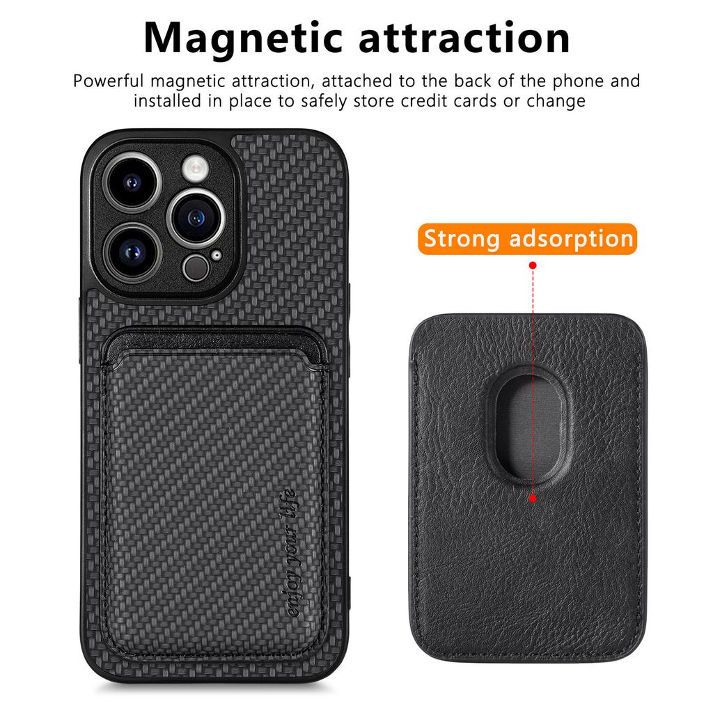 Detachable Magnetic Card Holder Phone Case for iPhone 15 Pro,Carbon Fiber PU Leather Coated PC+TPU Cover
