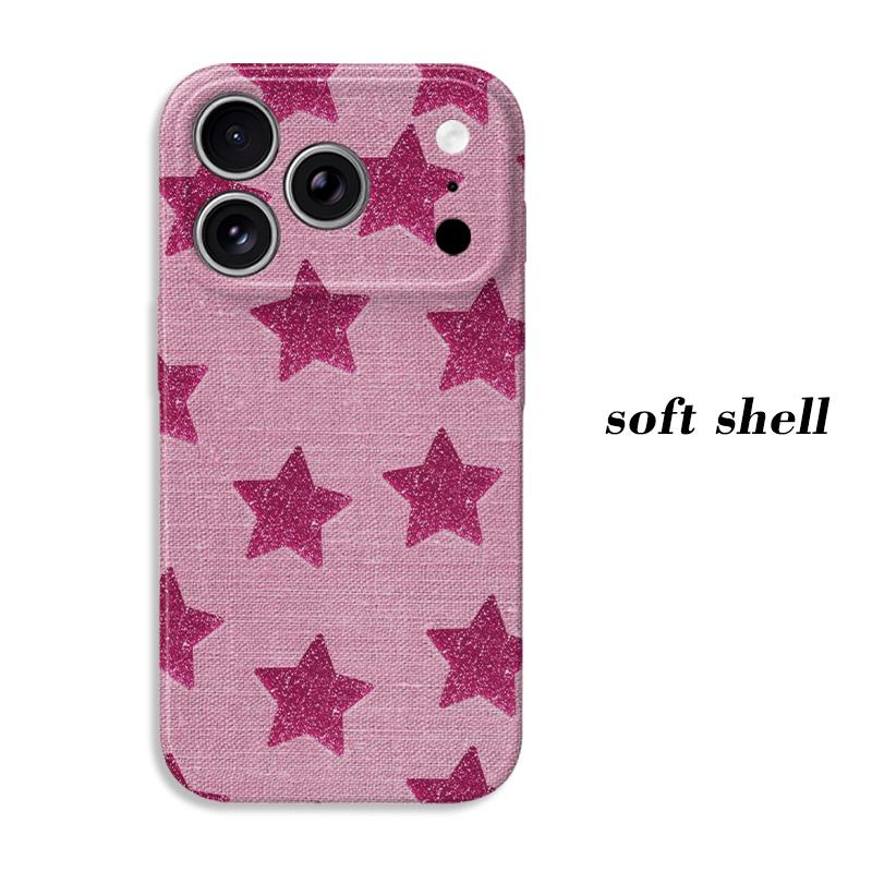 Pink Linen Glitter Star Print Soft Silicone Phone Case Y2K Coquette Cute Girly Aesthetic Shockproof Cover For All Iphone Series