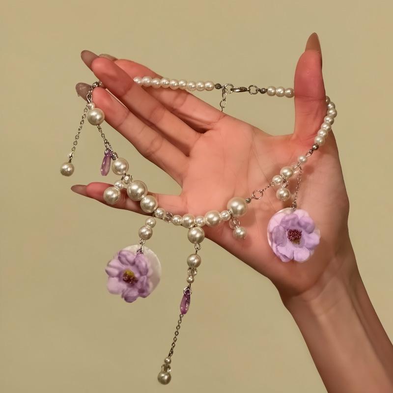 Elegant French Fabric Flower & Pearl Necklace: Glass Beaded Vacation Sweater Chain