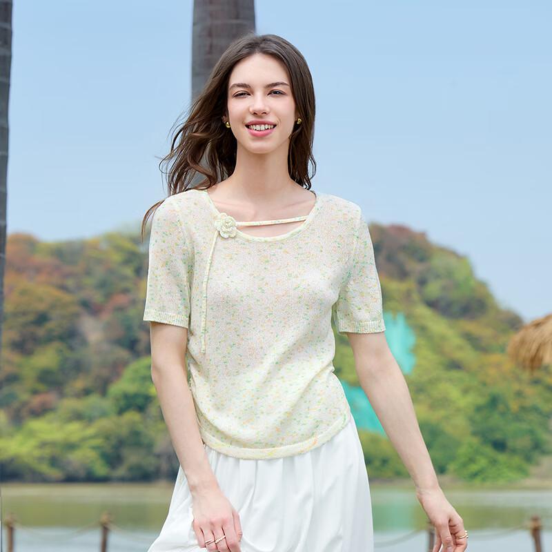 Betu Women's 3D Floral Drawstring Knit Short Sleeve Top