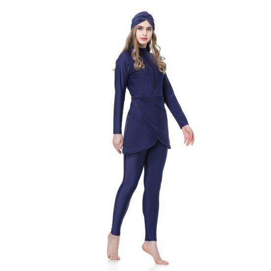 Conjunto de 3 Peças/Conjunto Feminino Maiô Dividido Saia Frontal Fechamento Seguro com Zíper Proteção UV Tops Calças Compridas para Natação Conjunto com Lenço de Cabeça