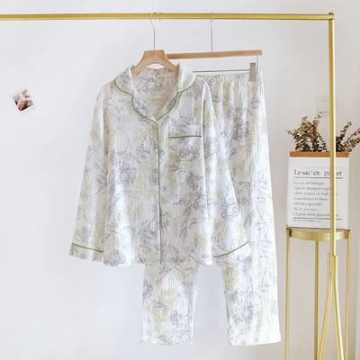 Summer Women's Pajama Set 100% Cotton Crepe Home Furnishings Flip Collar Printed Long Sleeve Set Ladies