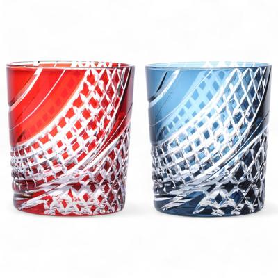 Mizukage Kiriko Pair Glass Cups 280cc Flowing Water Lattice Red Ink Blue Bishou Current Model J-kitchens 80xH90mm &