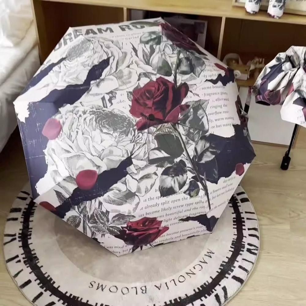 Guarda-chuva Dobrável com Estrutura Reforçada Padrão de Rosa Guarda-chuva de Proteção Solar Atividades ao Ar Livre