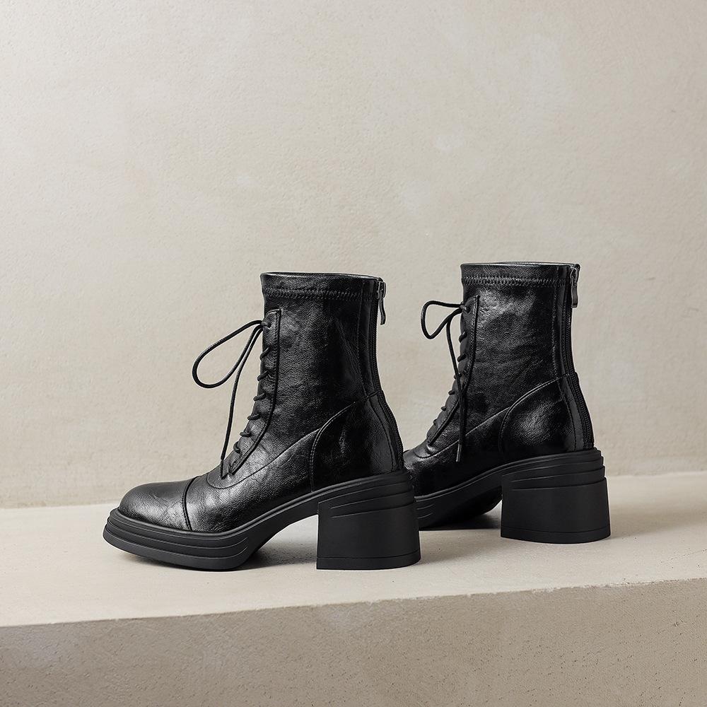 Great to wear! Treasure of the town store~ 2025 autumn and winter high-heeled elastic British Martin boots women's lace-up thick-heeled short boots