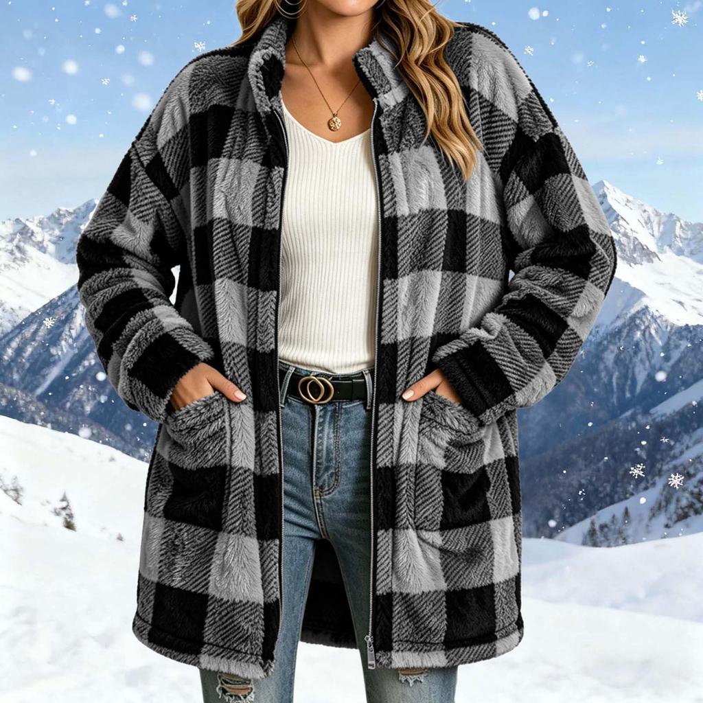 Women's Casual Plush Plaid Zip-Up Jacket for Fall and Winter Wear