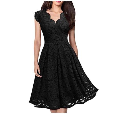 Damen Spitzenkleid mit einfarbigem Bund und V-Ausschnitt, ärmelloses Kleid, Freizeitkleid, Cocktailkleid