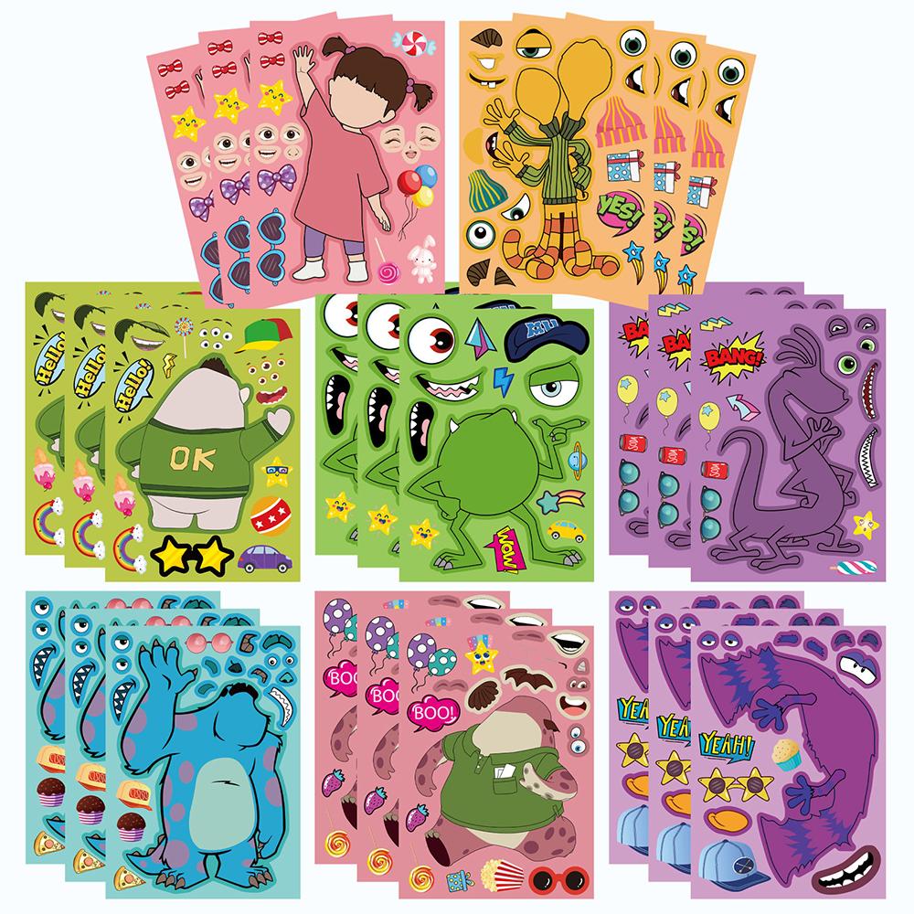 8/16Sheets Monsters Inc Puzzle Stickers Make a Face Assemble Jigsaw Decals Funny Cartoon DIY Toy Party Gift