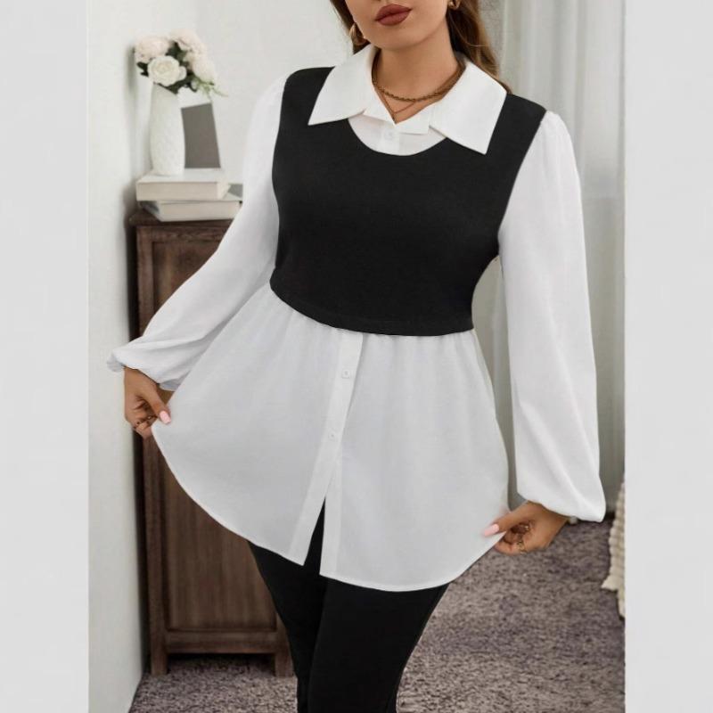 Women's Simple Contrast Color Shirt with Polo Collar Shirt