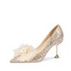 Sexy High Heels Women's Thin Heels Spring and Autumn New Temperament Socialite Bow Pointed Single Shoes Women's Flower Wedding Shoes