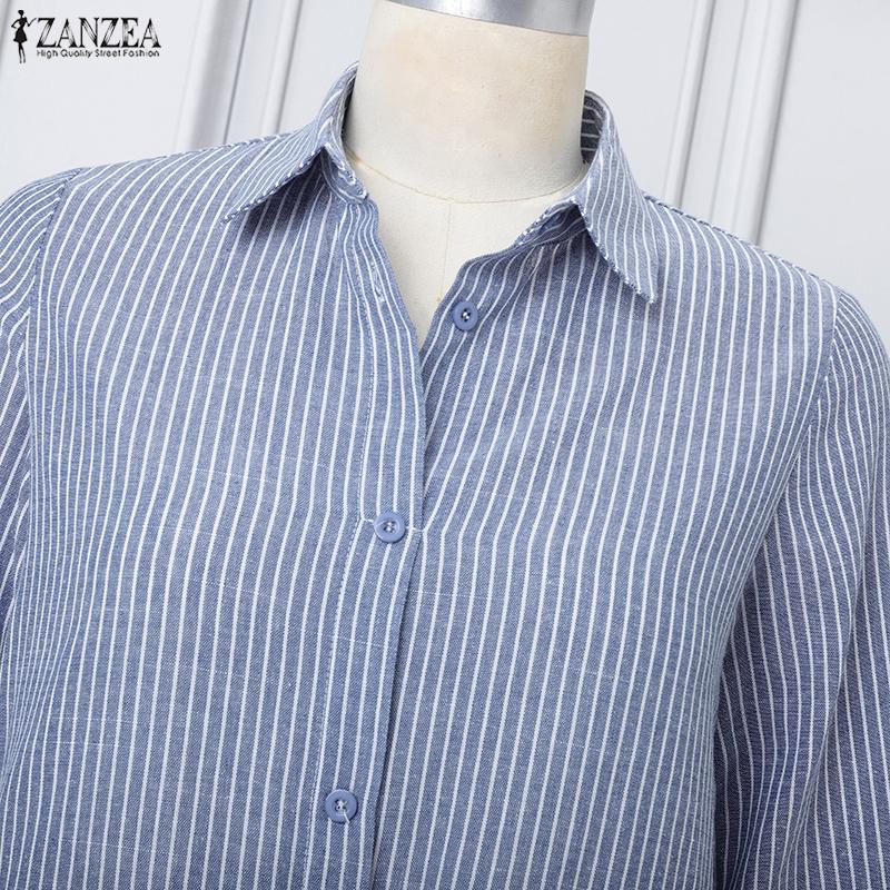 ZANZEA Women Casual Turn Down Collar Loose Long Sleeve Stripe Dress