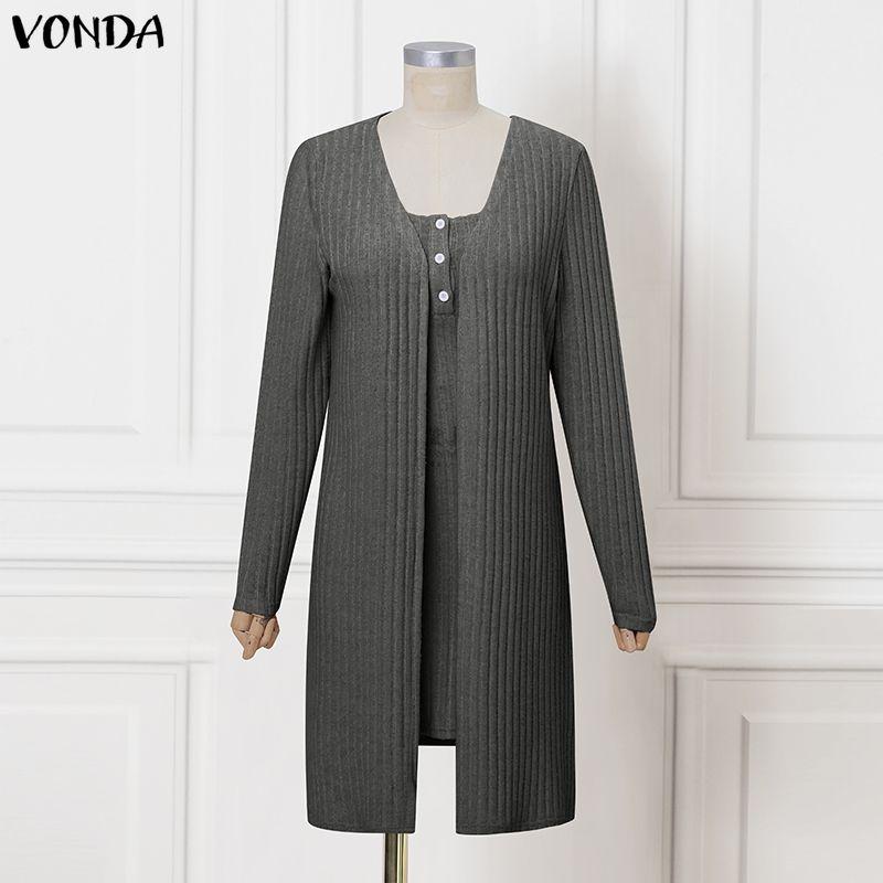 

VONDA Жіночі комплекти Весняна рубчикова сукня та кардиган Повсякденний костюм-двійка L сірий колір