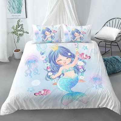 Crib Blue Cartoon Mermaid Edredones Niños Bedding Set Single Twin Double Queen King Cal King Size Bed Linen Set